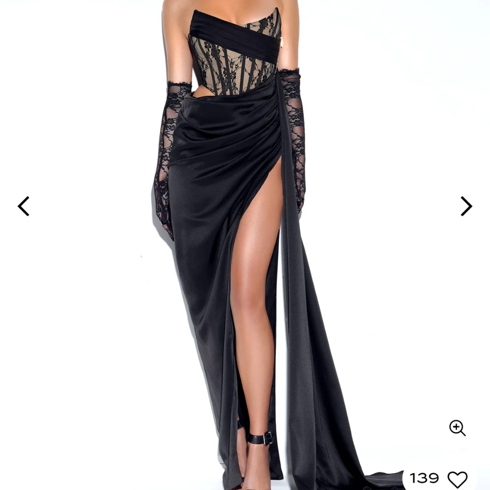 Callie Black Lace Satin Corset High Slit Gown